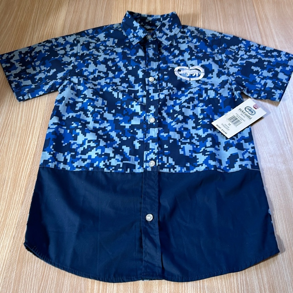 Ecko Unlimited Short sleeve button down collar blue shirt kids youth size 12